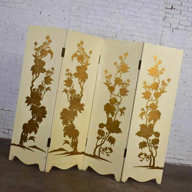 Art Deco Hollywood Regency to Art Deco Folding Screen Four Panel Painted Off White With Floral Embossed Design For Sale - Image 3 of 13