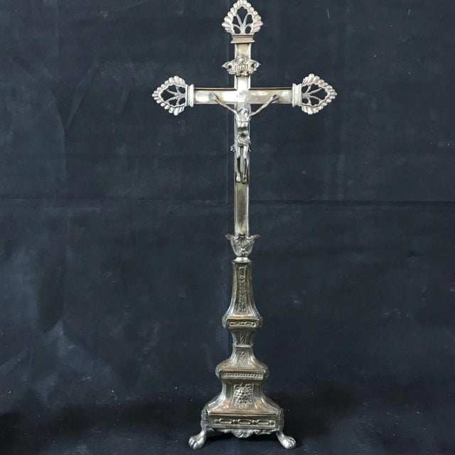19th Century Silver Candle Holders/Candelabra and Crucifixion Cross From the Altar of a Church in France - Set of 3 For Sale In Portland, ME - Image 6 of 13