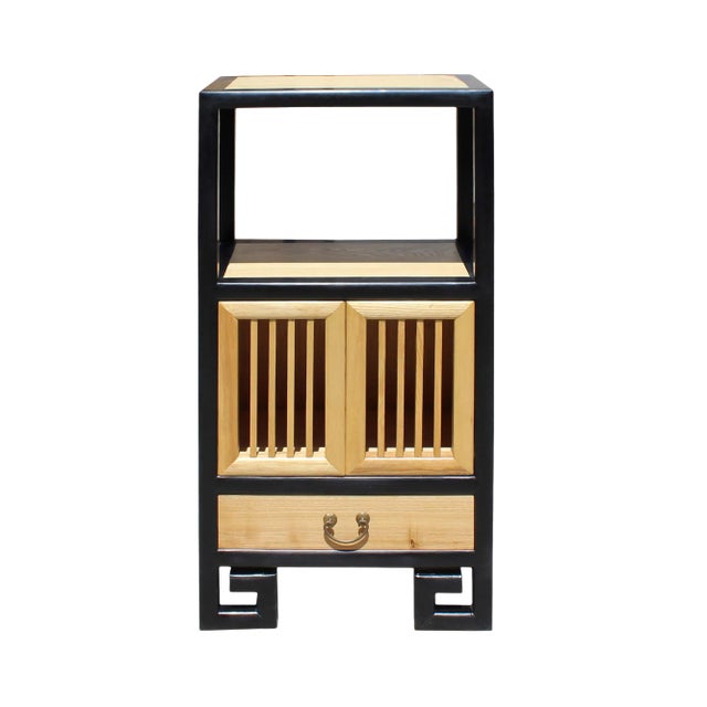 Oriental Black Rim Natural Wood Narrow Storage Display Bookcase Cabinet For Sale