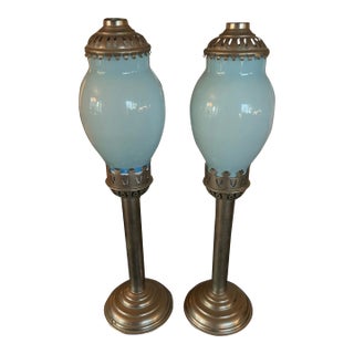 Antique Art Nouveau Blue Bristol Cased Glass Church Candle Holders - a Pair For Sale