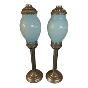 Antique Art Nouveau Blue Bristol Cased Glass Church Candle Holders - a Pair