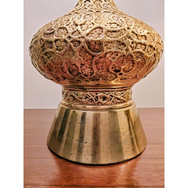 Mid-Century Modern Vintage Mid-Century Modern Brass Filigree Scroll Lamps Moroccan Boho Souk Style - a Pair For Sale - Image 3 of 9
