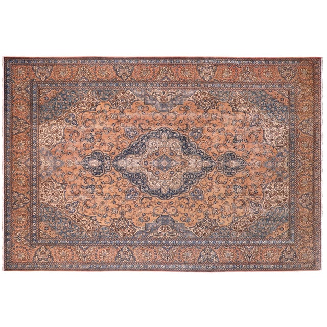 Tan Shabby Chic Persian Tabriz Tan/Blue Wool Rug - 9'9'' X 13'0'' For Sale - Image 8 of 9