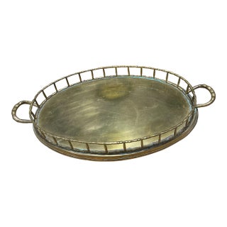 Vintage Hollywood Regency Solid Brass Faux Bamboo Gallery Tray With Handles For Sale