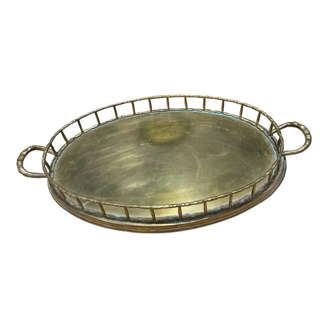 Vintage Hollywood Regency Solid Brass Faux Bamboo Gallery Tray With Handles For Sale