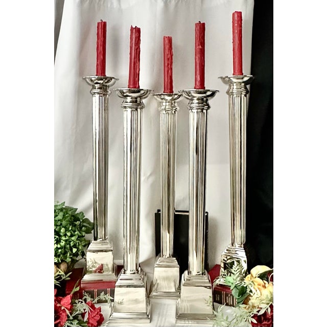 Vintage Candle Holders Silver Metal Pillar Candlesticks - Set of 5 For Sale - Image 4 of 9
