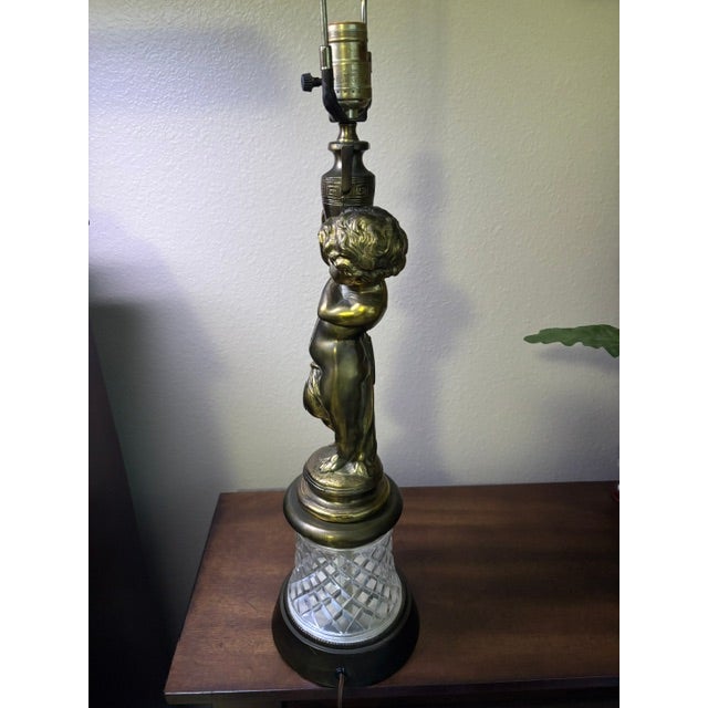 Metal Mid 20th Century Brass Cherub Lamp With Cut‑Glass Diamond Base, 36″ Tall For Sale - Image 7 of 13
