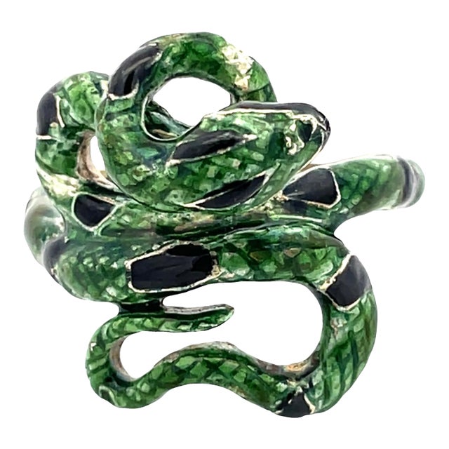 Vintage 14k Yellow Gold Green & Black Enamel Snake Ring, Size 9.25 For Sale