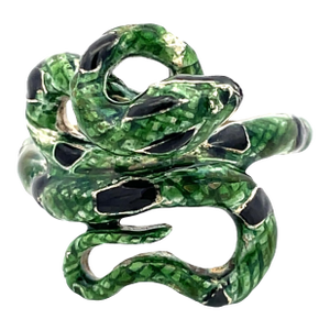 Vintage 14k Yellow Gold Green & Black Enamel Snake Ring, Size 9.25