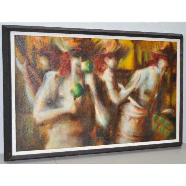 "Caribbean Mood" Vintage Oil Painting by Reuben c.1970 Colorful figural abstract painting titled "Caribbean Mood" by...