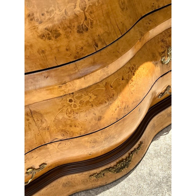 Chocolate Vintage Burl Wood Marquetry Bombe Chest For Sale - Image 8 of 12