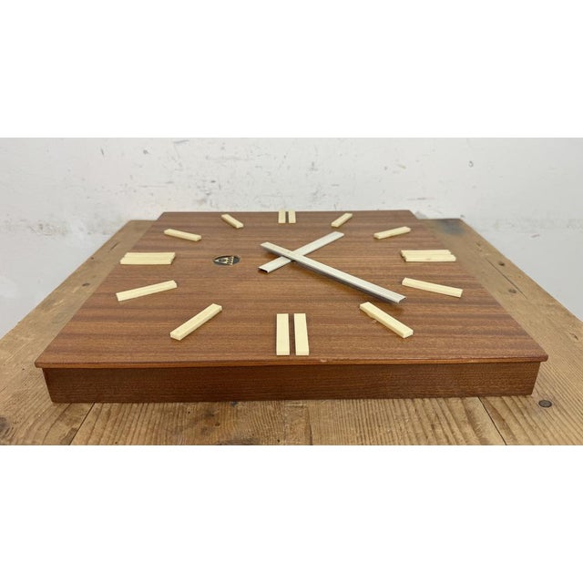 Vintage Brown Wooden Wall Clock from Pragotron, 1980s For Sale - Image 14 of 16