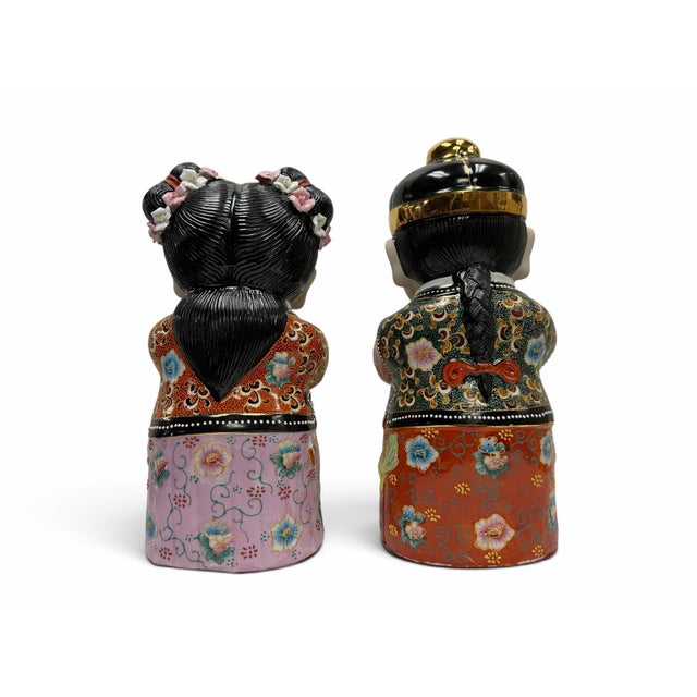 Large 16" Vintage Chinese Porcelain Good Fortune Figurines - Jintong & Yunu Pair For Sale In West Palm - Image 6 of 8