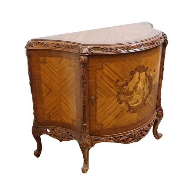 VINTAGE ANTIQUE Banded Walnut French Louis XV Rococo Style 42" Carved Console w. Pastoral Inlay 32" High 42.5" Wide 19"...