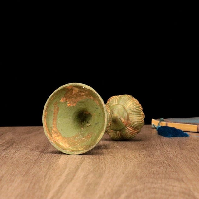 Late 20th Century Bronze Lotus Candlestick – 5.7" Altar Candle Holder With Verdigris Patina For Sale - Image 5 of 5