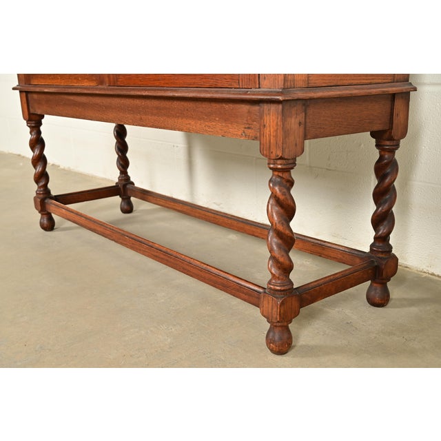 Stickley Brothers Style Antique Arts & Crafts Carved Oak Bookcase Cabinet With Leaded Glass Doors, Circa 1900 For Sale - Image 10 of 14