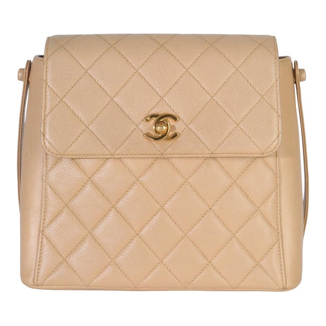 Vintage 24K Beige Quilted Caviar CC Shoulder Handbag For Sale