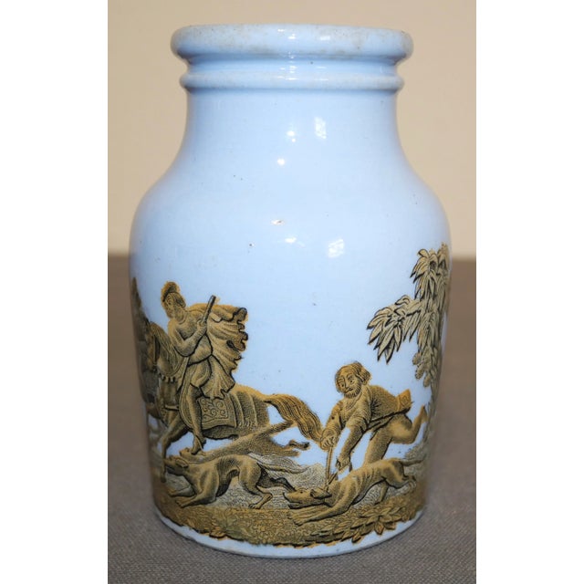 Victorian Circa 1880 English Victorian Prattware Pottery Blue Transferware Boar Hunt Scene Motif Mustard Jar For Sale - Image 3 of 8