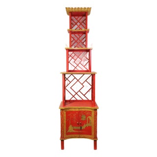 Vintage Chinoiserie Red Lacquer Duchess of Windsor Style Pagoda Etagere Cabinet For Sale