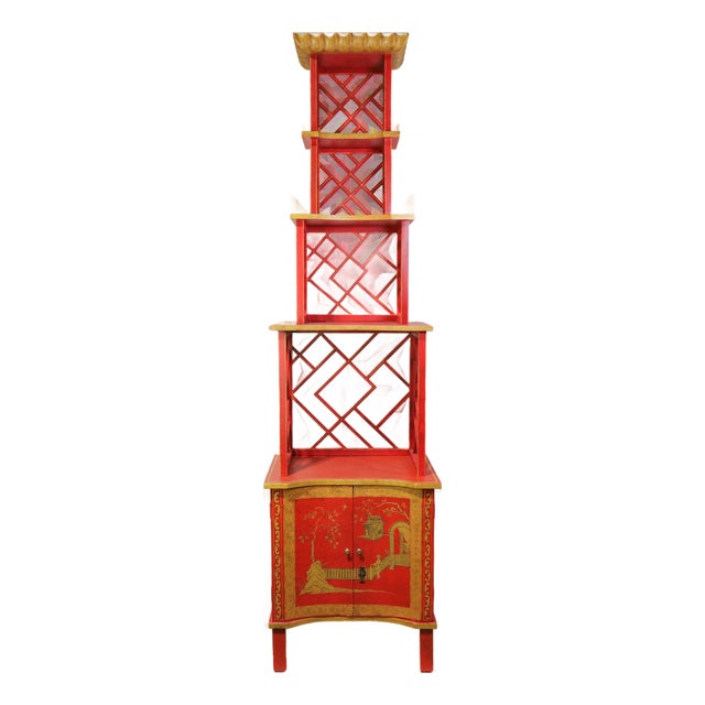 Vintage Chinoiserie Red Lacquer Duchess of Windsor Style Pagoda Etagere Cabinet For Sale