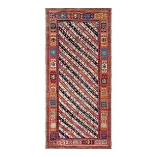 1880s Multicolor Stripe Geometric Antique Caucasian Rug 3'9" X 8'3" Handknotted Wool Carpet For Sale