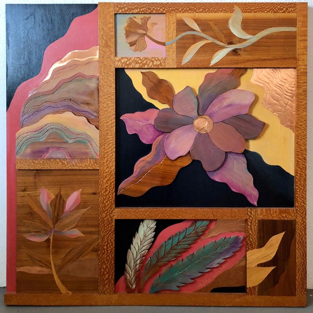 Paint Helen Weber, 1970s Large Wood, Copper Inlay Sculpture Wall Relief Tropical Flowers Motif, c.1970s For Sale - Image 7 of 7