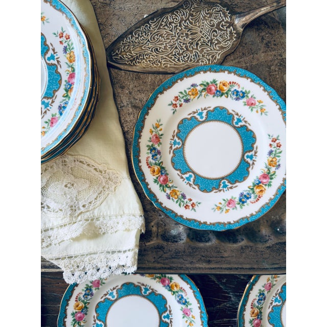 Vintage Crown Staffordshire Lyric Tunis Blue Bread Plates – Set of 9 – Fine Bone China England – 1930s–1950s For Sale - Image 12 of 12