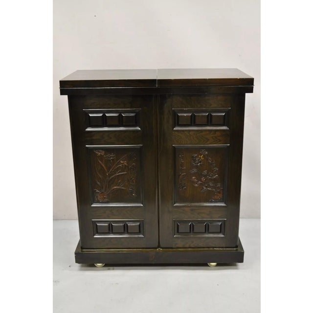 Vintage Korean Carved Wood Marble Top Asian Chinese Liquor Cabinet Dry Bar For Sale - Image 10 of 12