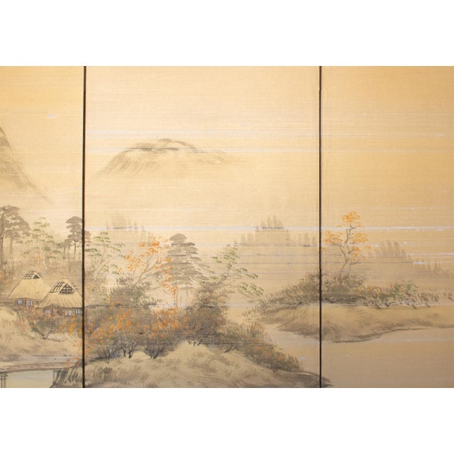 1960s Shōwa Era Japanese Byobu Screen, "Mountain Landscape With River and Bridge" For Sale - Image 15 of 18