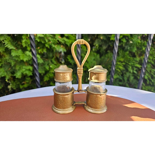 Vintage Brass Salt and Pepper Set with Glass Inserts, 1920s, Set of 5 For Sale - Image 11 of 11