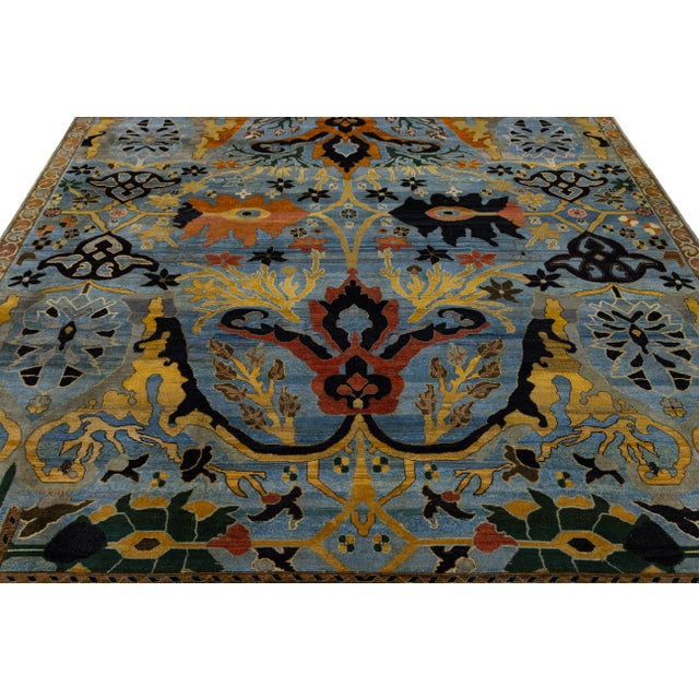 Modern Blue and Gold Bidjar Style Hand-Knotted Wool Rug With Palmette Motifs For Sale In New York - Image 6 of 11