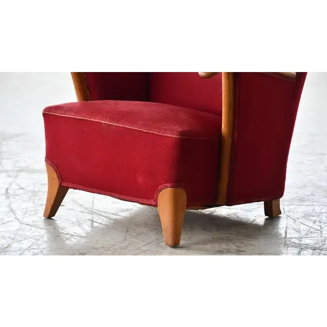 Scandinavian Lounge Chair With Oak Armrest Conical Legs Red Wool, 1940's For Sale In New York - Image 6 of 9