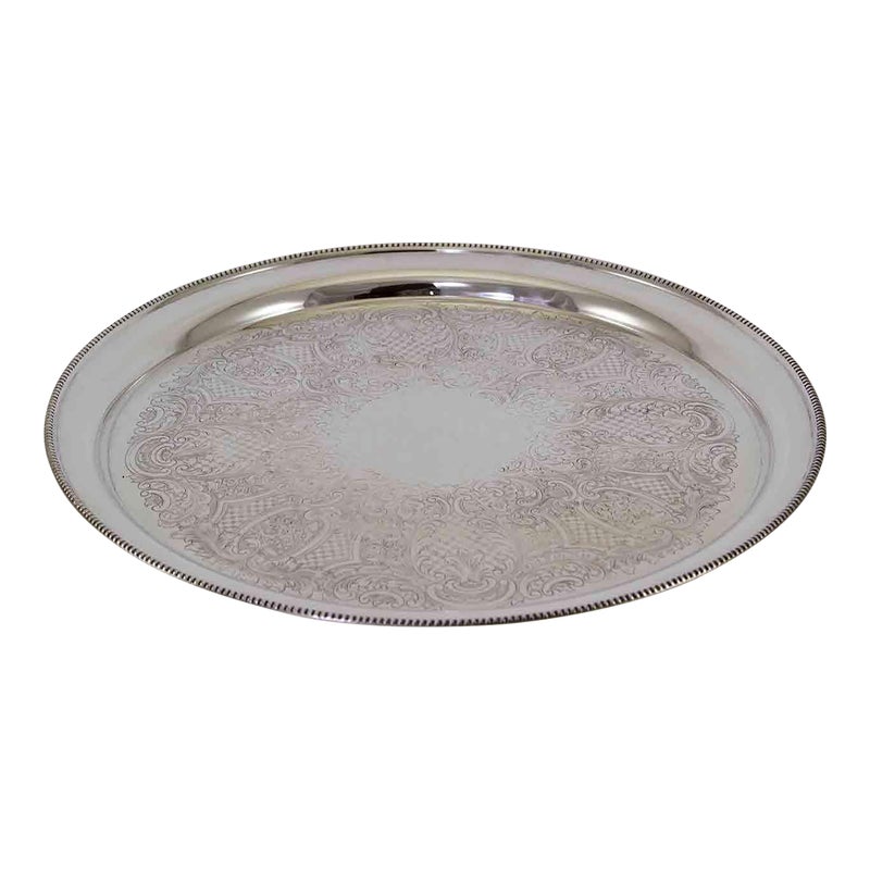1970s Silver Salver Round, Beaded Border, Embossed