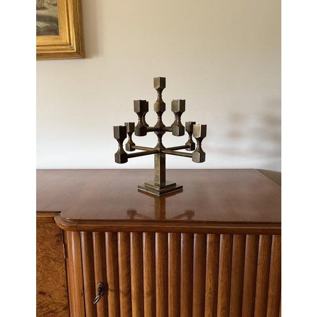 Modern Brass Sculptural 9-Light Candelabra by Lars Bergsten for Gusum, Sweden, 1992 For Sale - Image 4 of 15