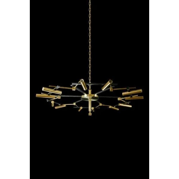 Moderne style chandelier, shown in antique and patinated brass.