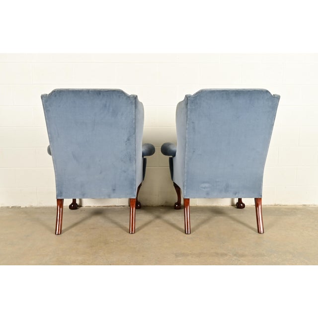 Kindel Furniture Chippendale Carved Mahogany Blue Velvet Upholstered Wingback Lounge Chairs, Pair For Sale - Image 10 of 14