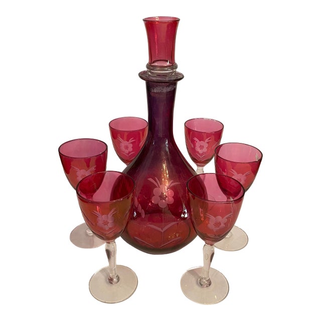 Cranberry Glass Decanter 6 Port Glasses and Shot Glass Stopper For Sale