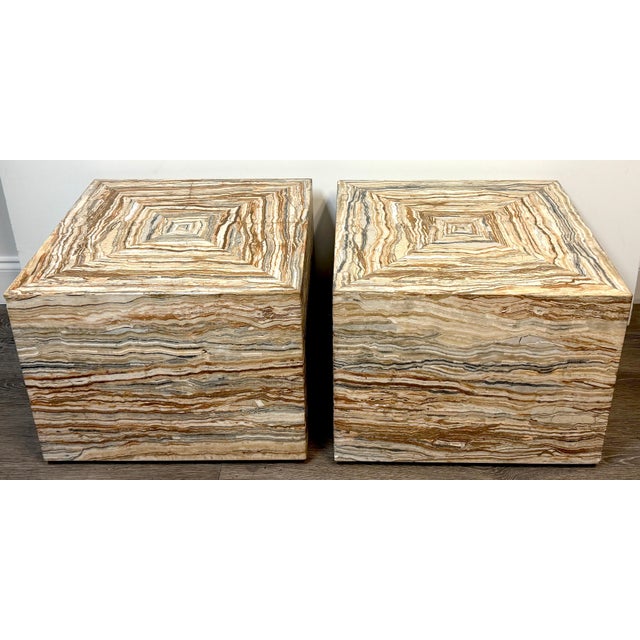 Pair Italian Specimen Travertino Oniciato Cube Side Tables, Style of Romeo Rega For Sale - Image 12 of 18