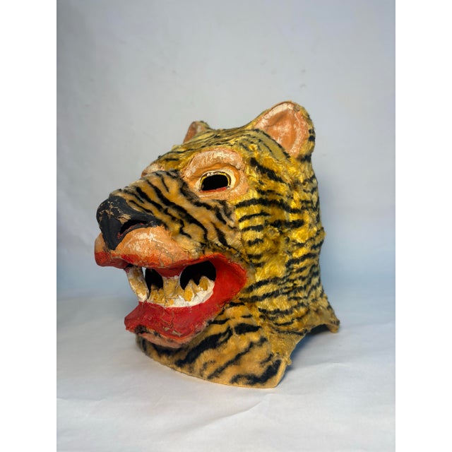 Paper Pair of Vintage Hand Painted Folk Art Tiger and Cheetah Masks For Sale - Image 7 of 12