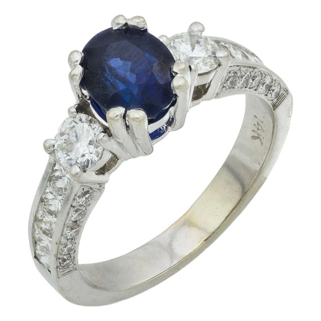 Vintage 2.15 Carat Sapphire Diamond 14k White Gold Ring, Size 7.5 For Sale