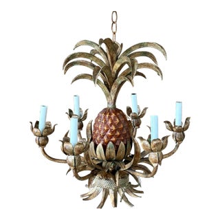Vintage Tole Pineapple Five-Light Chandelier With Gilt Metal Leaves For Sale
