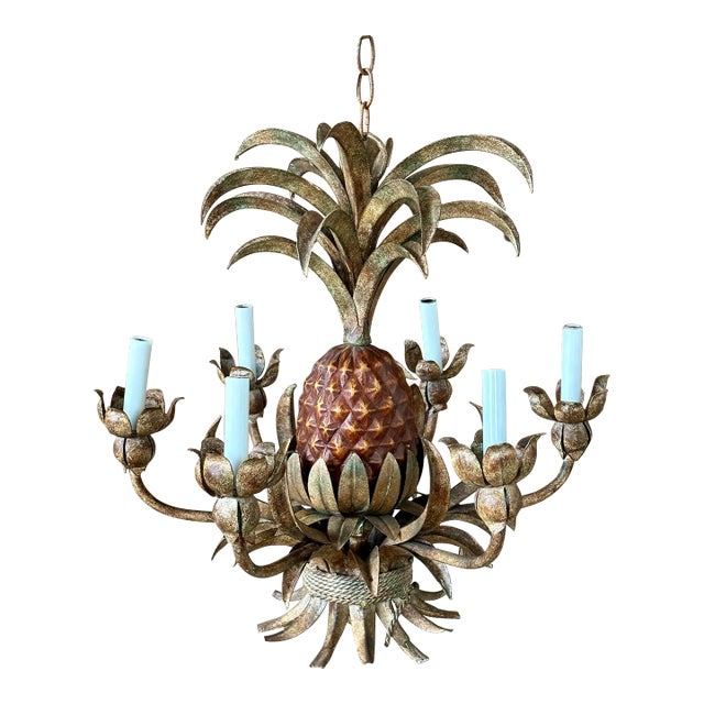 Vintage Tole Pineapple Five-Light Chandelier With Gilt Metal Leaves For Sale