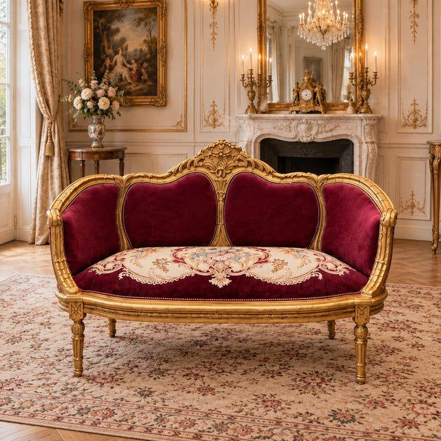1960 Artisan Louis XVI Burgundy Beech Sofa Set-3 Pc For Sale - Image 12 of 16