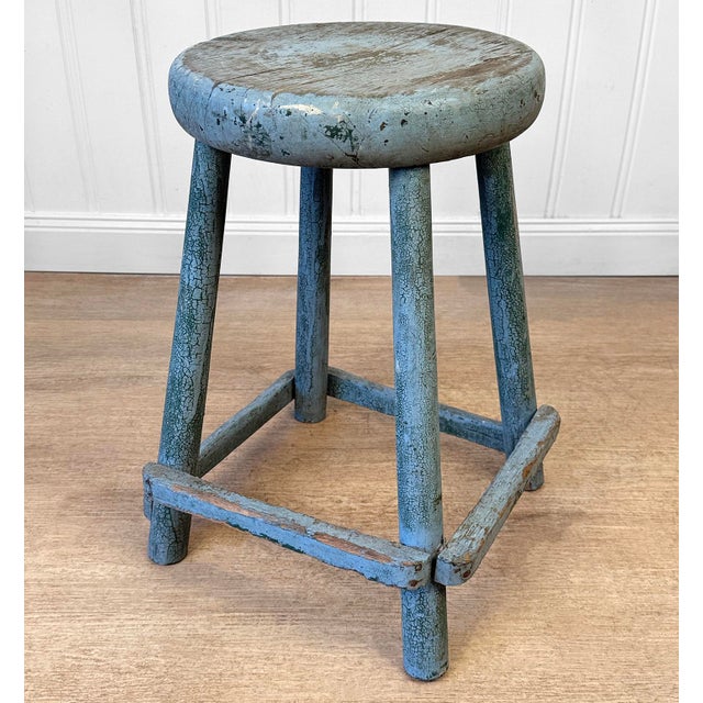 Early 20th Century Antique Primitive Farmhouse Blue Wood Round Barn Milking Stool For Sale - Image 5 of 8