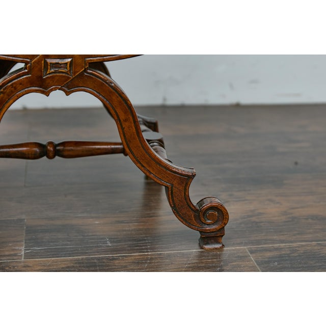 Wood Italian 19th Century Walnut Curule Upholstered Armchair with Carved X-Form Base For Sale - Image 7 of 12