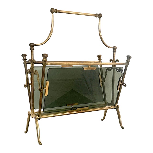 French Brass & Smokey Gray Glass Magazine Rack Attr. To Maison Bagues / Jansen, France For Sale