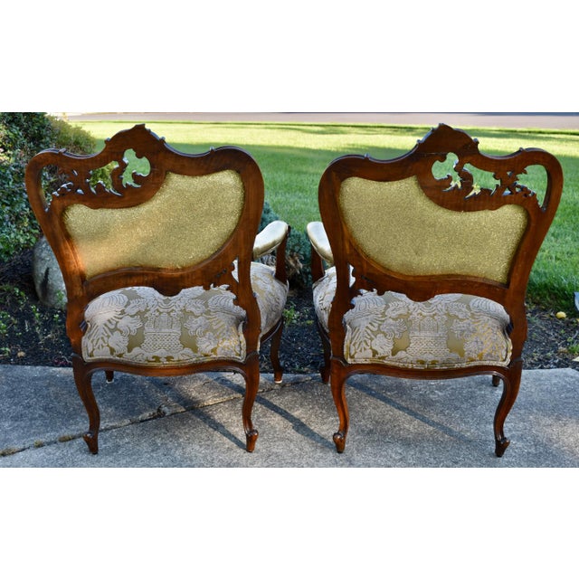 Pair Vtg. French Louis XV Style Carved Walnut Armchairs Gold Damask Chairs For Sale - Image 13 of 18
