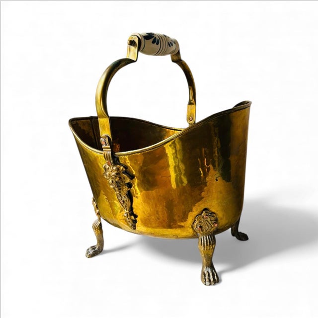 Vintage Brass Bucket With Ceramic Handle Lion Head Claw Feet For Sale - Image 4 of 16