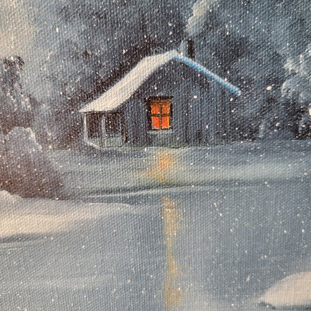 VTG Oil Painting 25"x21" Canvas Snow Cabin Stream Trees Water SGN Bd Pollard '93 For Sale - Image 15 of 18
