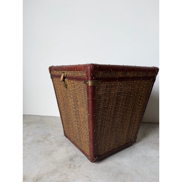 Baker Milling Road Campaign-Style Rattan & Leather Trunk Side Tables — A Pair For Sale - Image 4 of 12